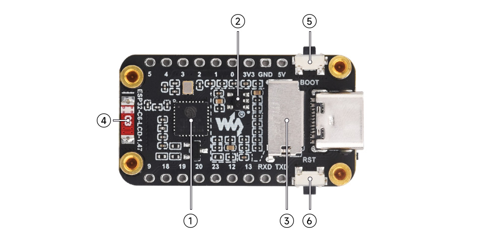 ESP32-C6 LCD 1.47 kart üzerindeki bileşenler