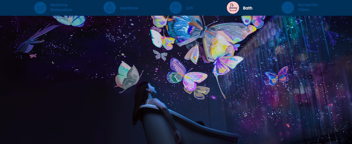 Abstract cosmic scene with glowing butterfly-like shapes floating in a dark blue and purple nebula-like space.