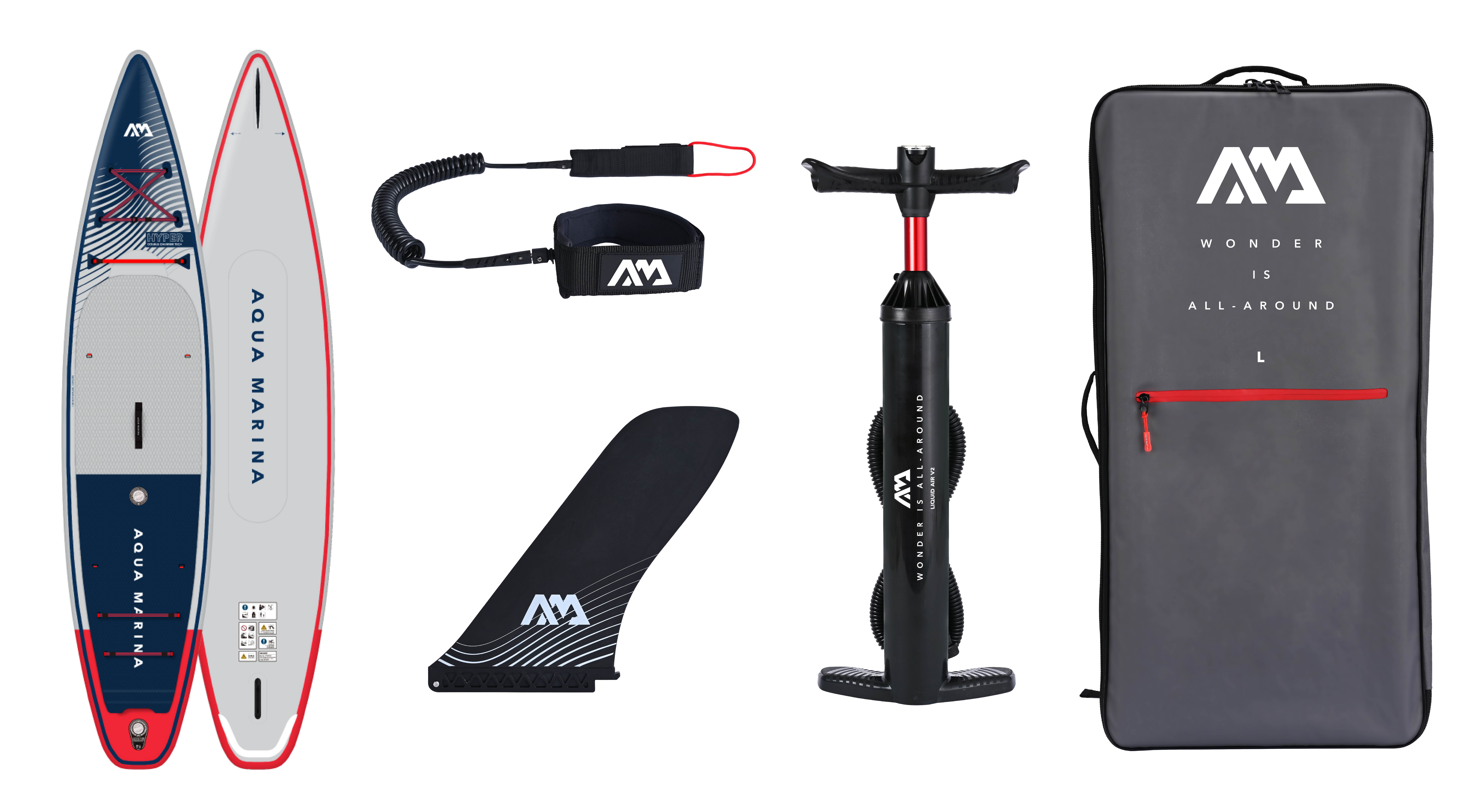 Aqua Marina Hyper SUP board standart paket içeriği; taşıma çantası, pompa, fin, leash ve tamir kiti
