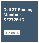 Metin "Fast Panel" yazılı "Dell 27 oyun monitörü — SE2726HG" yazıyor. Ürün bilgileri içeren etiket koyu mavi arka planlı dikdörtgen bir arka plan üzerinde gösterilir.