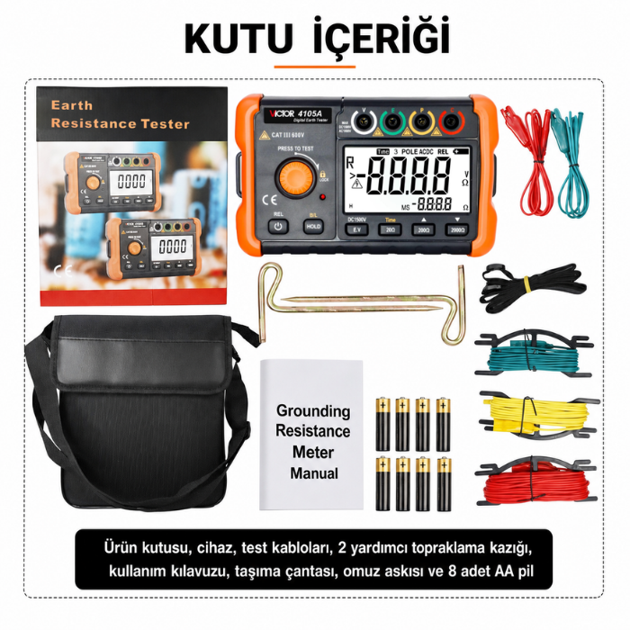 Victor 4105A topraklama direnci ölçer kutu içeriği