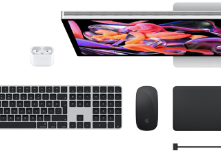 Mac aksesuarları: Airpods, Studio Display, Magic Keyboard, Magic Mouse, Magic Trackpad, Uzay Siyahı rengi MagSafe şarj kablosu