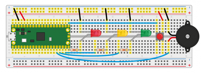 Raspberry Pi Pico trafik lambası buton ve buzzer deneyi