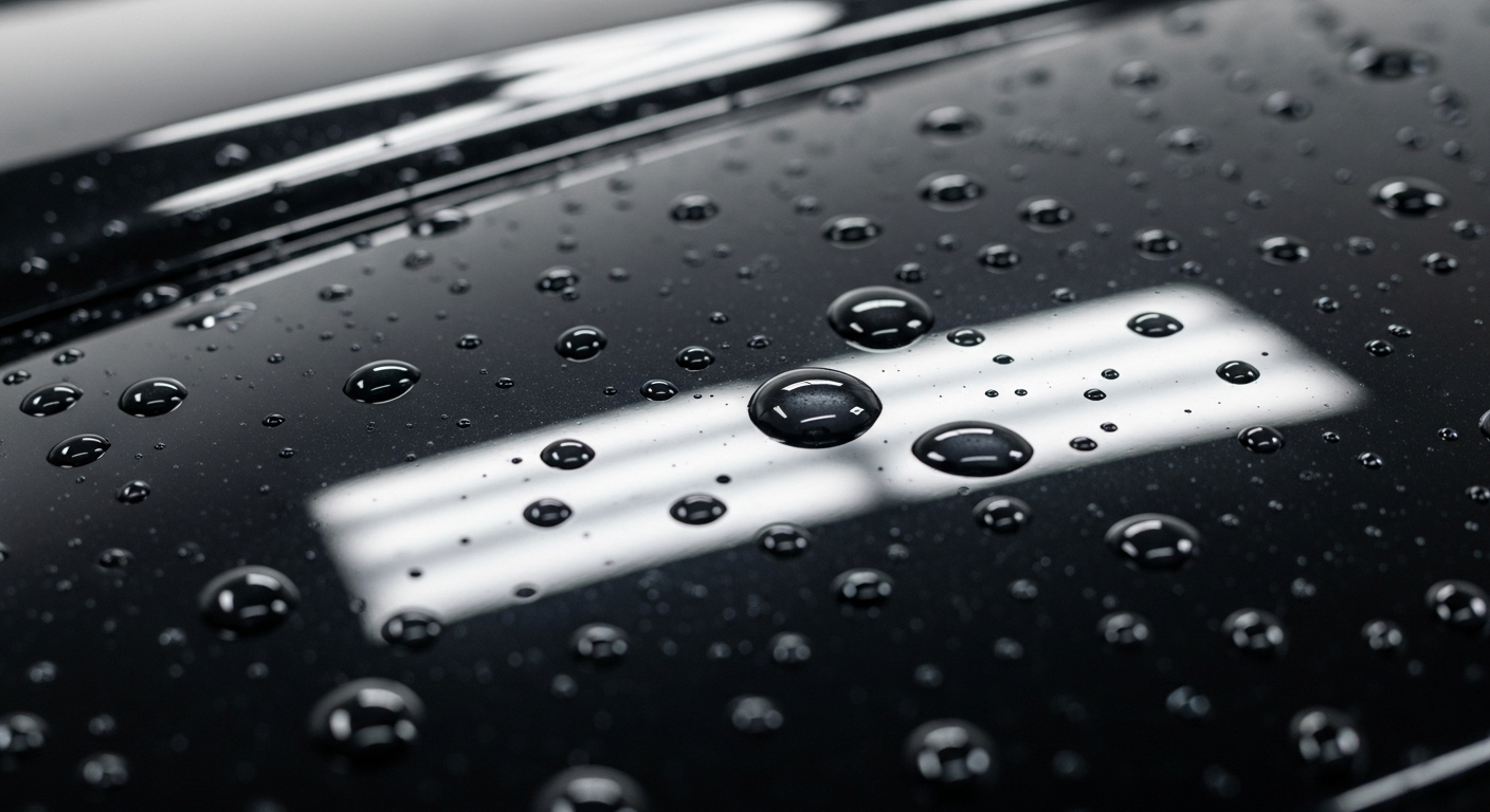 Seramik cila uygulanmış araba kaportasında su damlalarının aerodinamik akışı