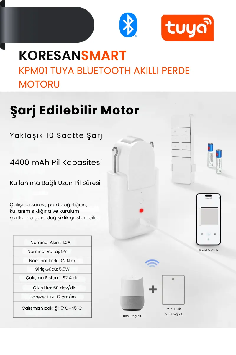 KPM01 Tuya Bluetooth Akıllı Perde Motoru 4400 mAh batarya ve Type-C şarj özelliği