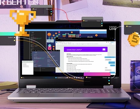 Masa üzerinde Lenovo LOQ Essential 15IRX11 oyun dizüstü bilgisayarı - önden görünüm, kapak açık, ekranda birden fazla pencere açık ve ekrandan uçuyor gibi görünen bir grafik kupa ve madeni para.