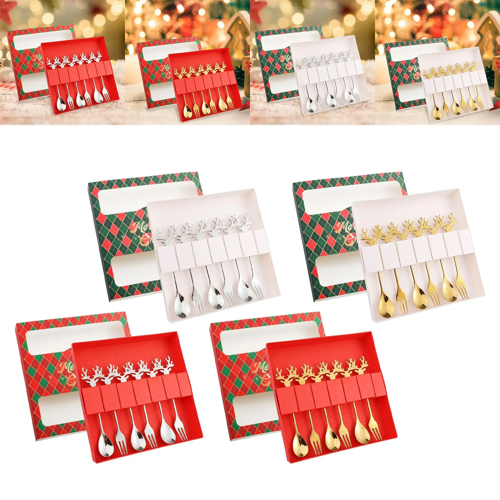 6 Parça Noel Kaşık Çatal Takımı, Çatal Bıçak Takımı Tatlı Çatal ve Kaşık Çatal Bıçak Takımı, Paslanmaz Çelik Çay Partisi, Ev, Kek, Hediye