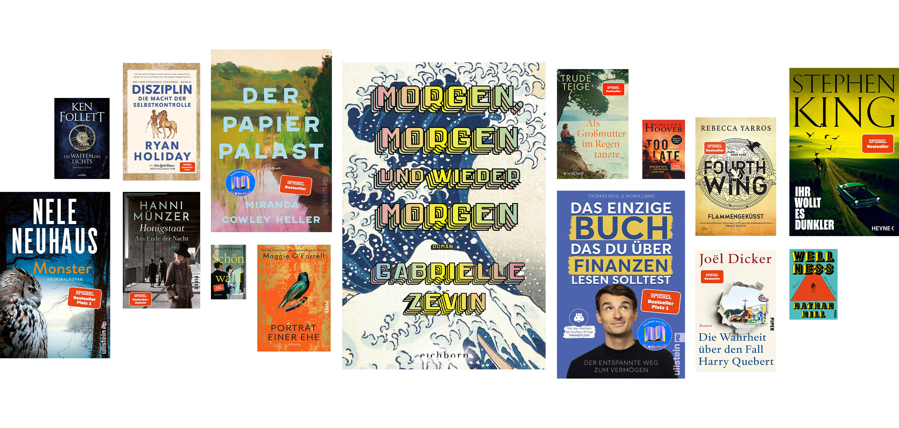 Renkli kitap kapaklarından oluşan büyük bir kolaj.
