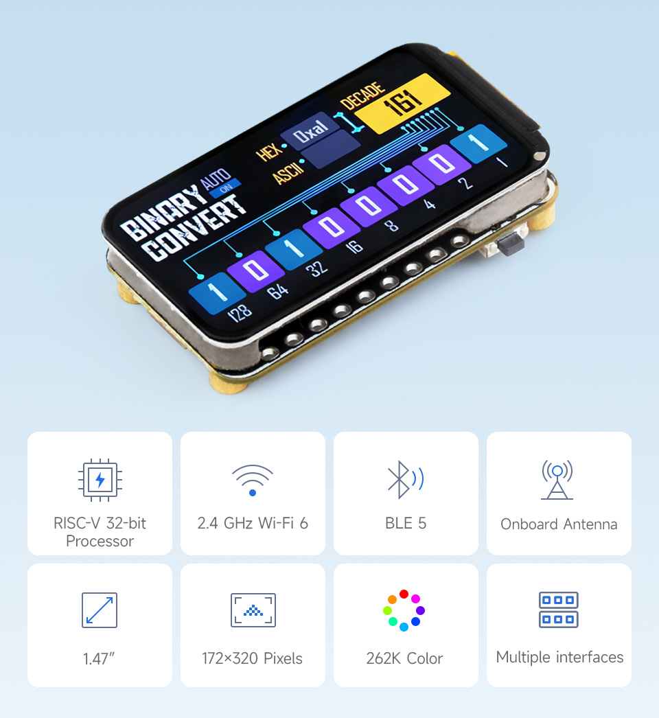 ESP32-C6 1.47 inch LCD geliştirme kartı ön özellik görseli