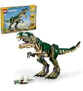 Metin "LEGO CREATOR 3'ü 1 arada" yazıyor. LEGO T-Rex yeşil dinozor seti, görünür ürün kutusu ve alternatif yapı seçenekleri ile birçok açıdan gösterilmiştir.