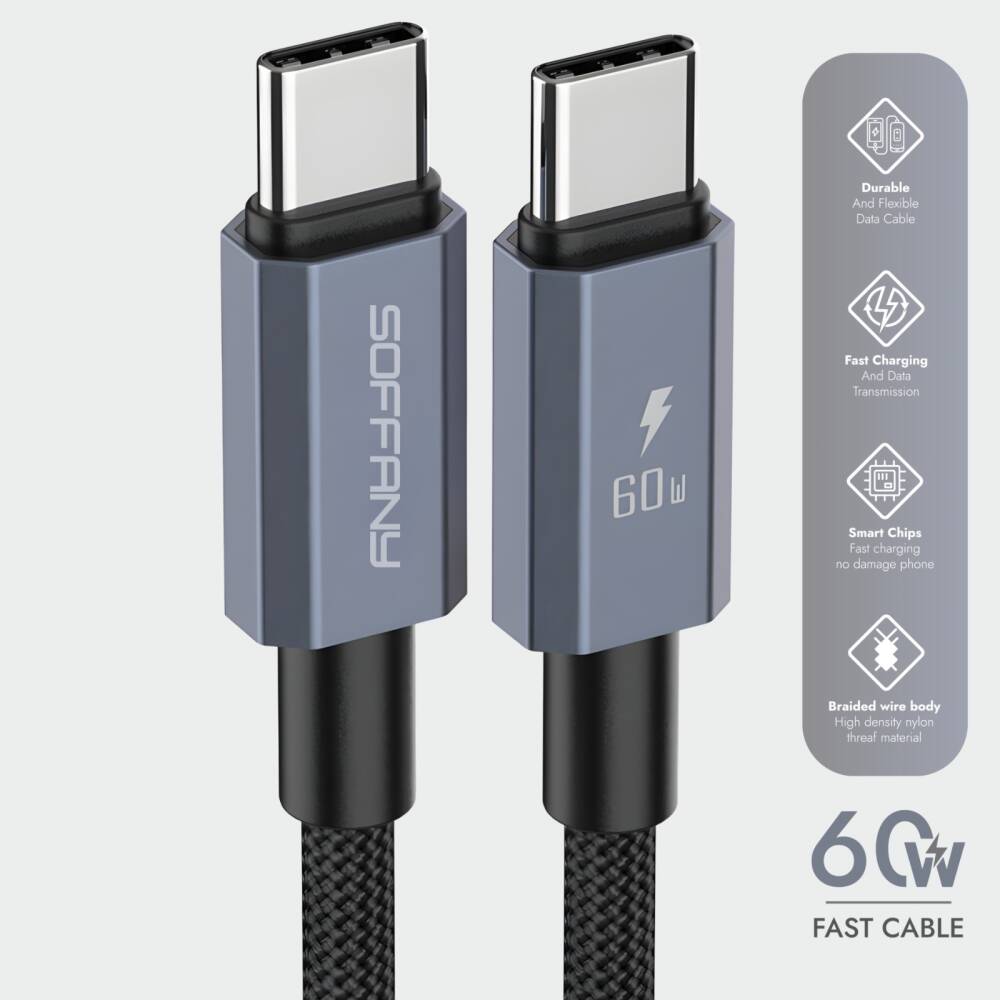 60W Type-C to Type-C Şarj & Data Kablosu Siyah - 1