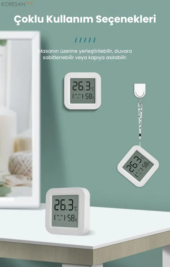 SN-100 Zigbee Mini Ekranlı Akıllı Sıcaklık ve Nem Ölçer masa üstü duvar ve askılı kullanım seçenekleri
