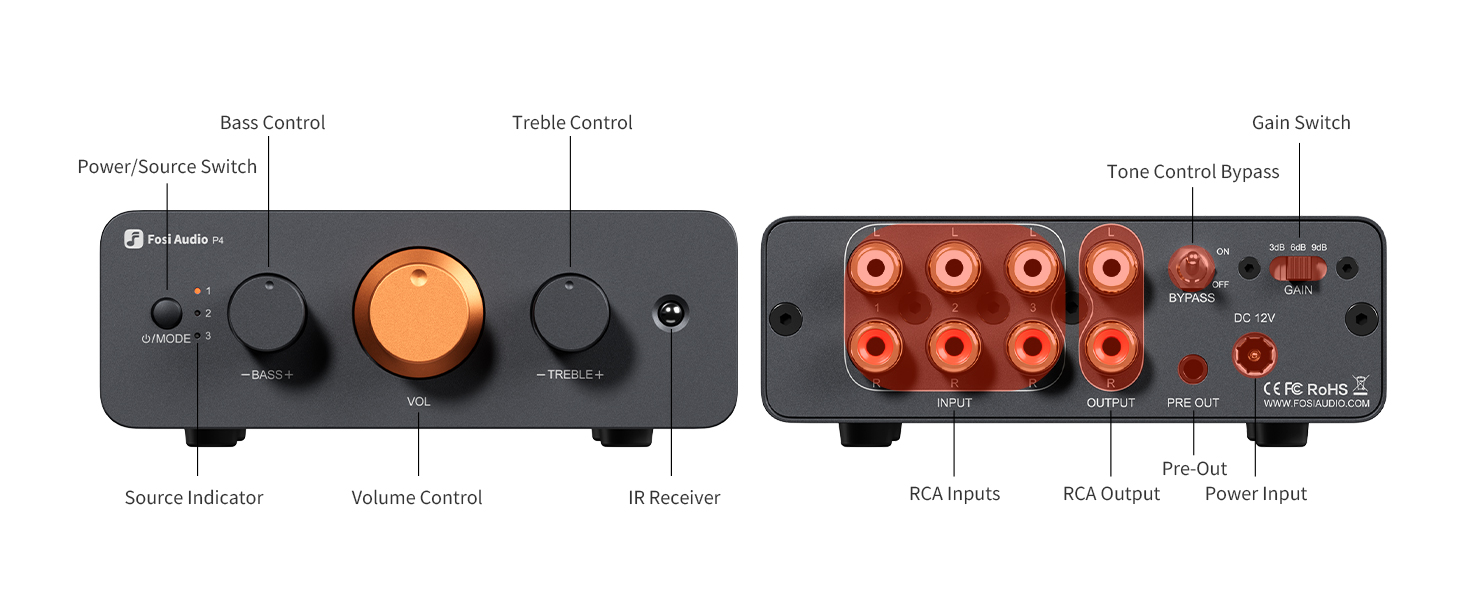 Hi-Fi için Fosi Audio P4 Mini Preamp Yüksek Sadakatli Masaüstü Ses Preamp Minyatür Alüminyum Preamp