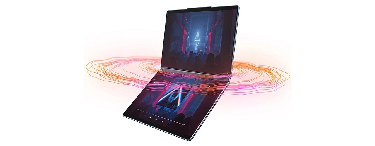 Yoga Book 9i Gen 8 (13″ Intel) fully opened with both screens on and sound emanating from the sound bar