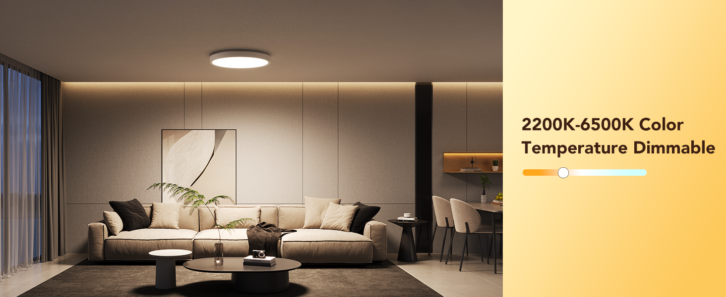 modern living room with dimmable ceiling light. neutral-toned furniture, large windows. text indicates color temperature range of 2200k-6500k.