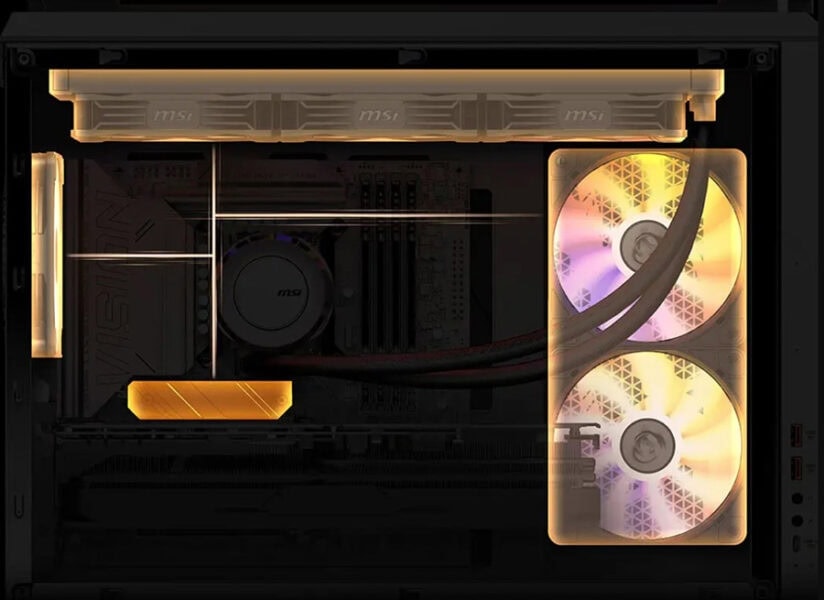 Gelişmiş gaming bilgisayarı iç kısmı, yüksek performanslı işlemci ve aydınlatmalı soğutma fanlarıyla donatılmış, oyun tutkunları için ideal performans ve estetik detaylar sunuyor.