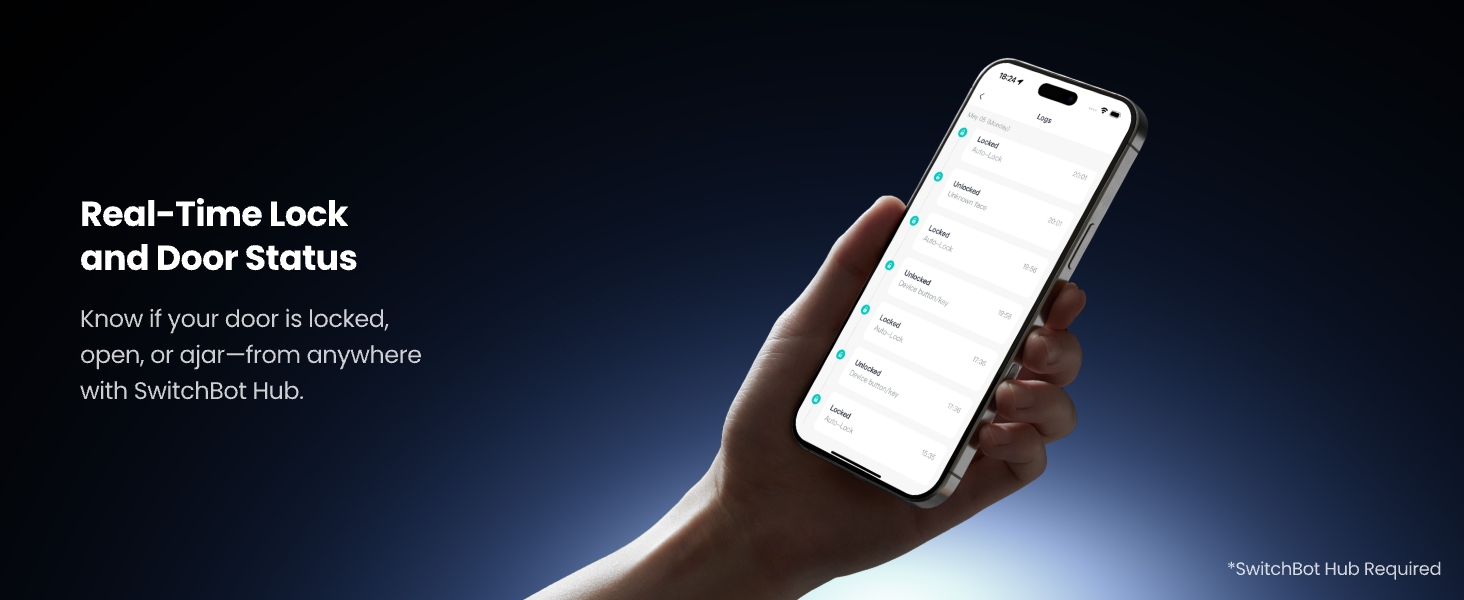 Kilit ve kapı durumu uygulaması arayüzünü gösteren akıllı telefon. Cihazı koyu bir arka planda tutan el. Metinde gerçek zamanlı kilit izleme özellikleri açıklanıyor.