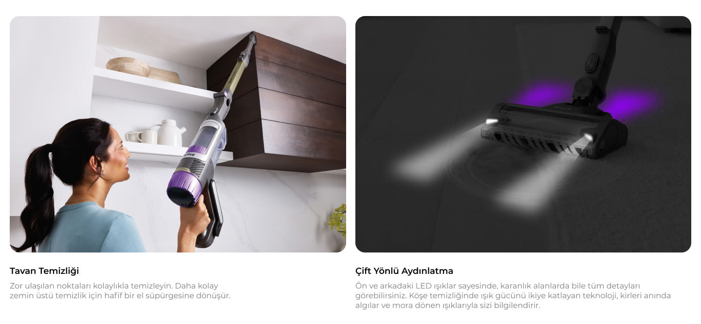 Kadın, mutfakta mor detaylı elektrikli süpürgeyle tavanı temizliyor. Süpürgenin LED ışıkları karanlıkta kiri aydınlatıyor.