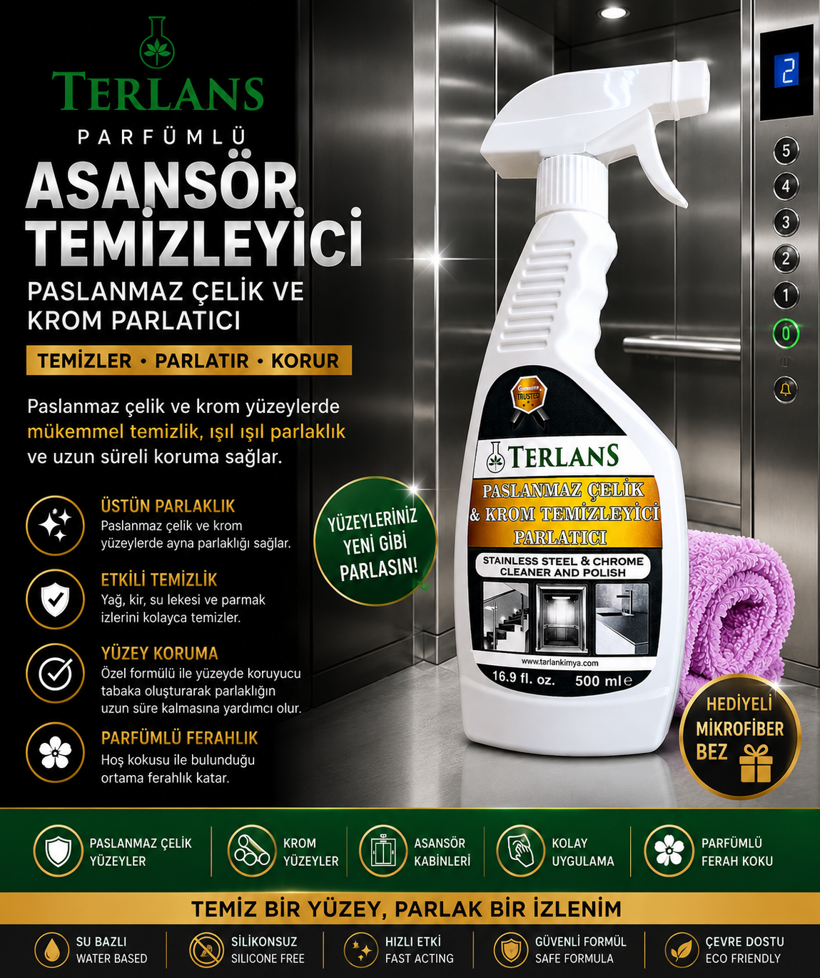 Terlans Parfümlü Asansör Temizleyici Paslanmaz Çelik ve Krom Fiyatı
