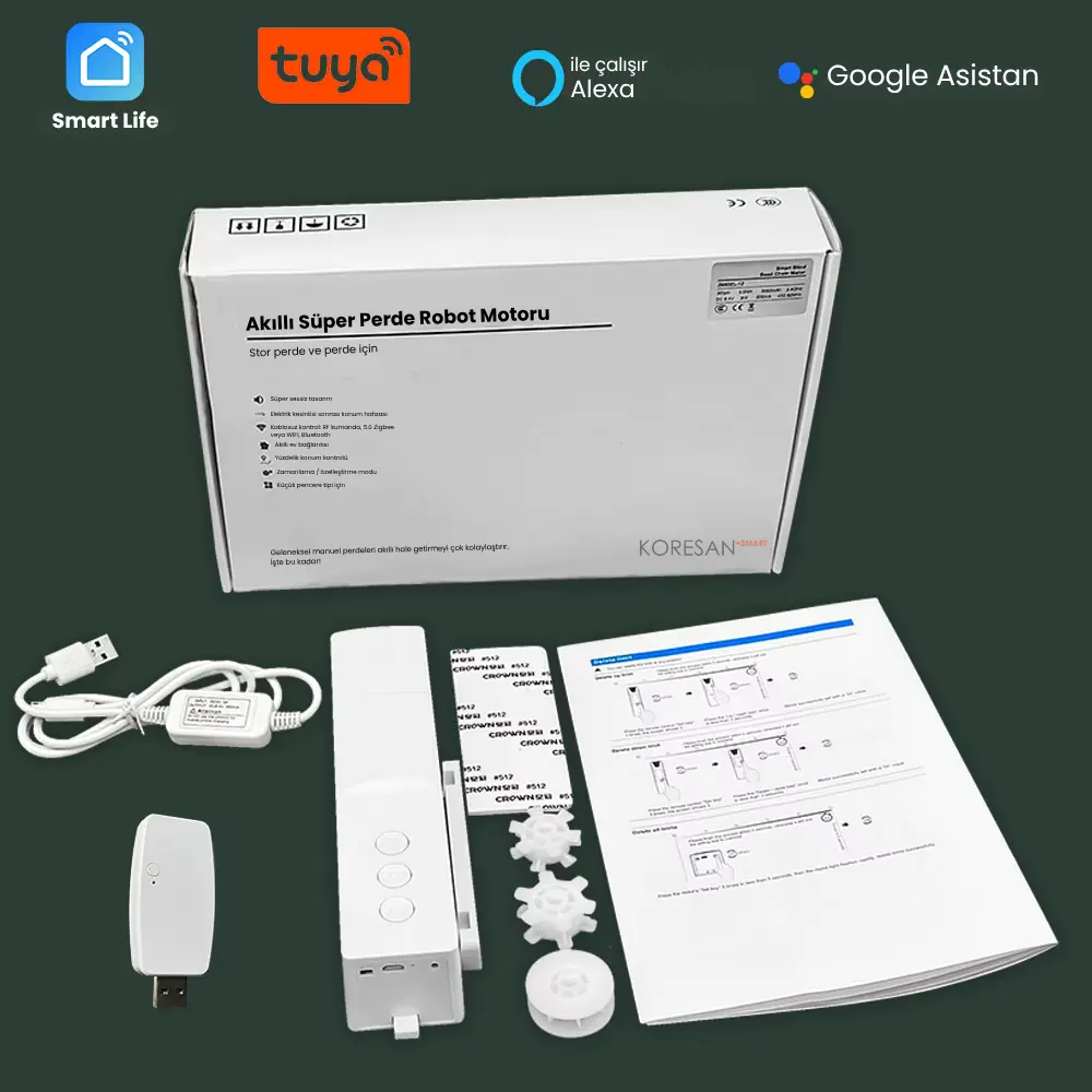 KZP10 Tuya Zigbee Akıllı Store Perde Motoru kutu içeriği ve montaj parçaları