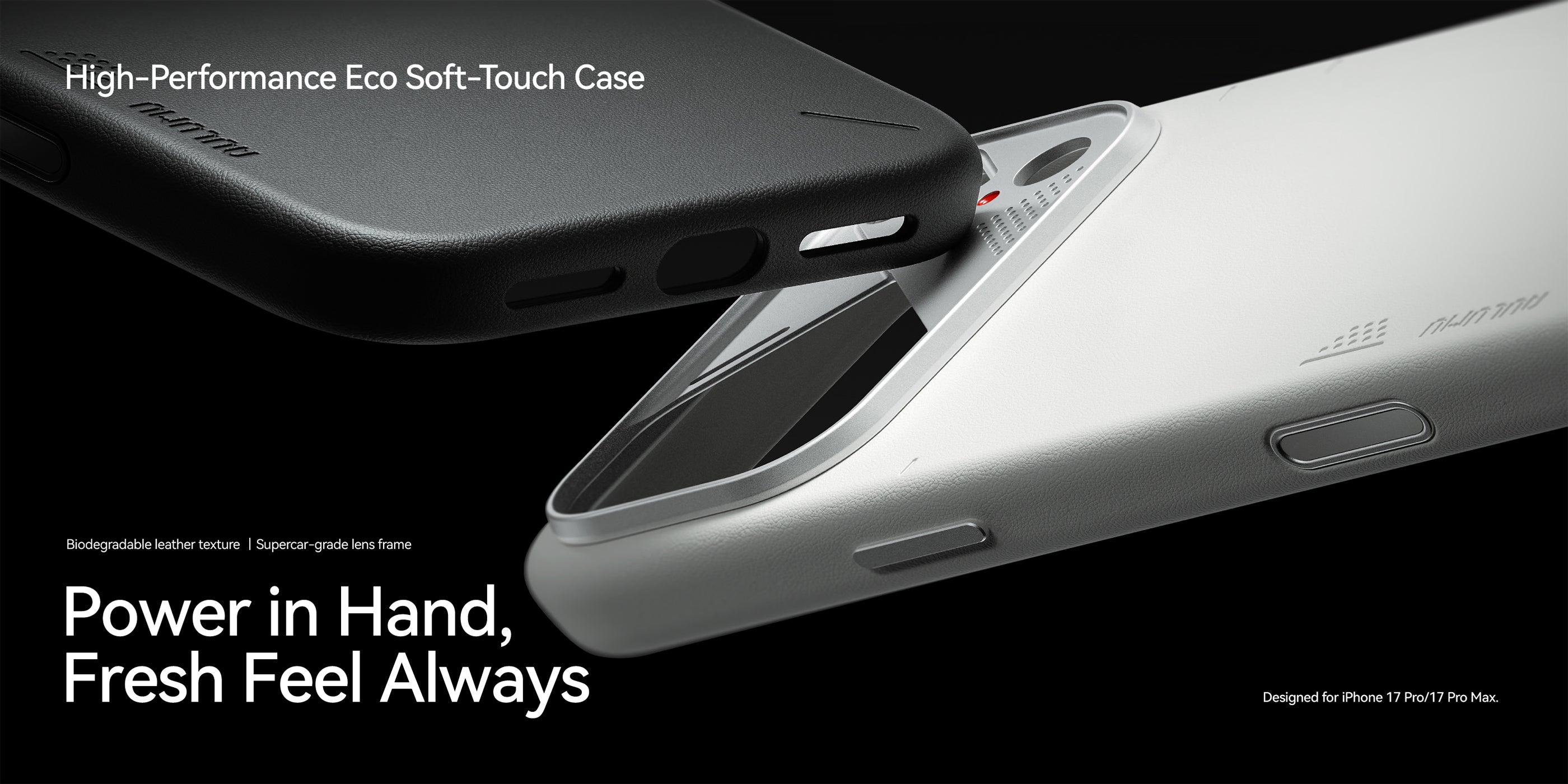 AULUMU A17 vegan leather case in black and white crossing each other, High-Performance Eco Soft-Touch Case hero banner