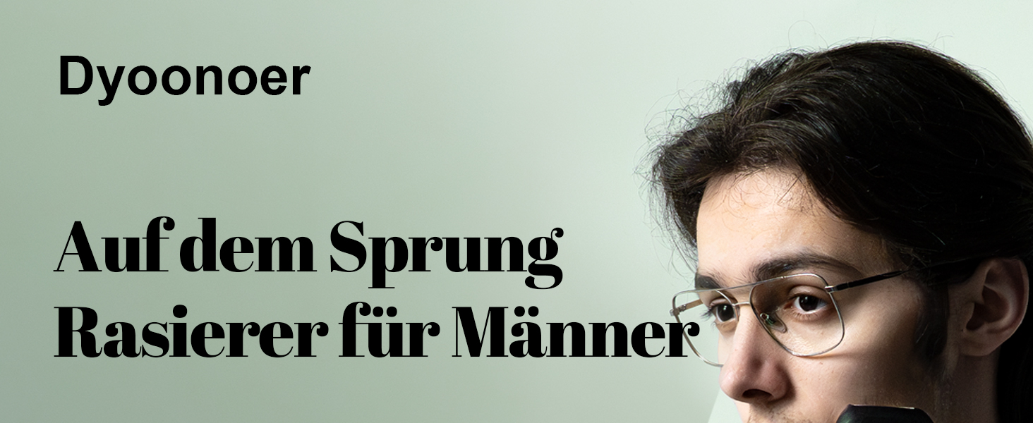 Produktwerbung mit deutschem Text 'Auf dem Sprung Rasierer für Männer' vor hellem Hintergrund
