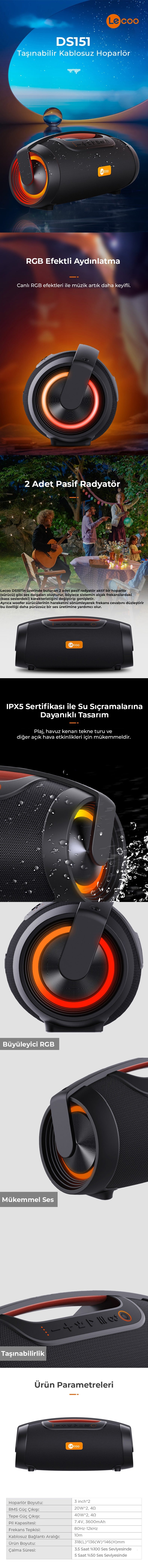 Lenovo Lecoo DS151 80W Güçlü Ses Kablosuz Bluetooth 5.0 RGB Boombox Hoparlör Kullanım Seneryoları