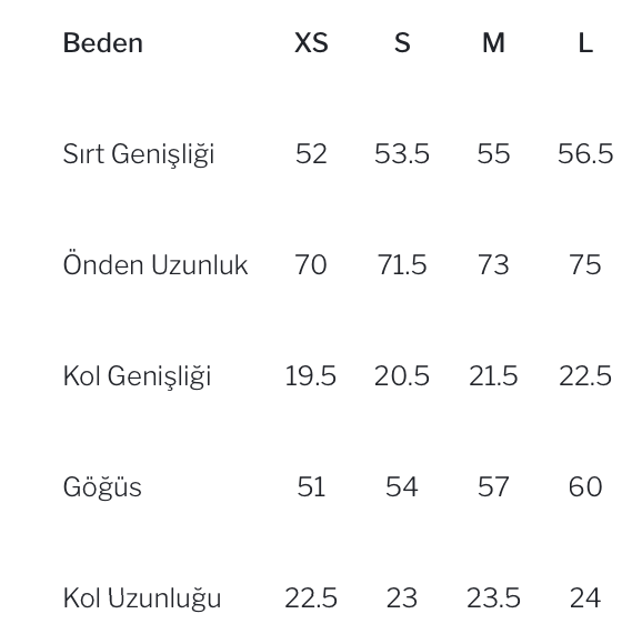 Beden tablosu XS–L: sirt 52–56.5, önden uzunluk 70–75, kol genişliği 19.5–22.5, göğüs 51–60, kol uzunluğu 22.5–24 cm
