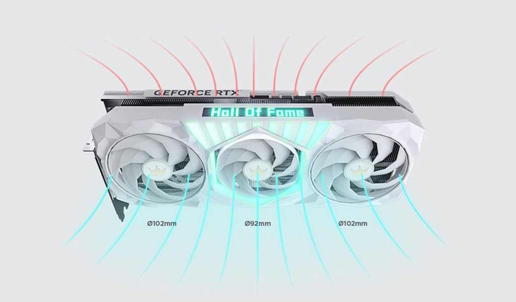Yüksek performanslı oyun grafik kartı, soğutucu fansız tasarım ve LED ekran ile "Hall of Fame" yazısı, gaming ve bilgisayar donanımları için ideal seçenek.