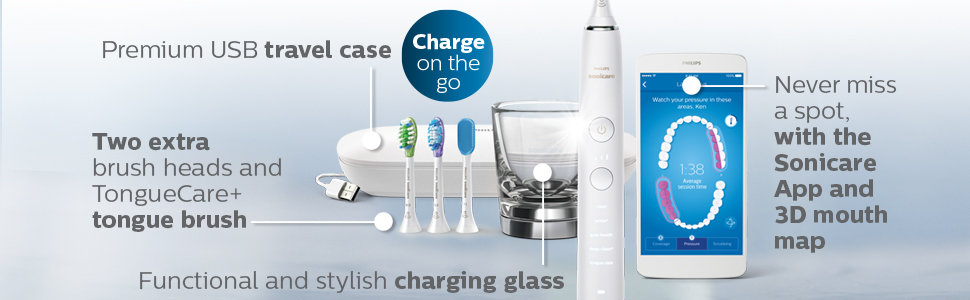 iki ekstra fırça başlığı premium usb seyahat çantası şarj camı sonicare uygulaması