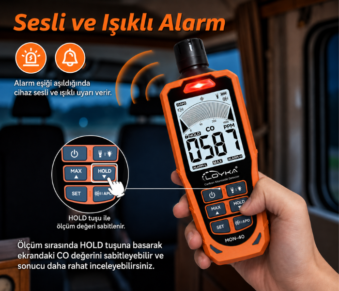 MON-40 sesli ve ışıklı karbonmonoksit alarm uyarısı