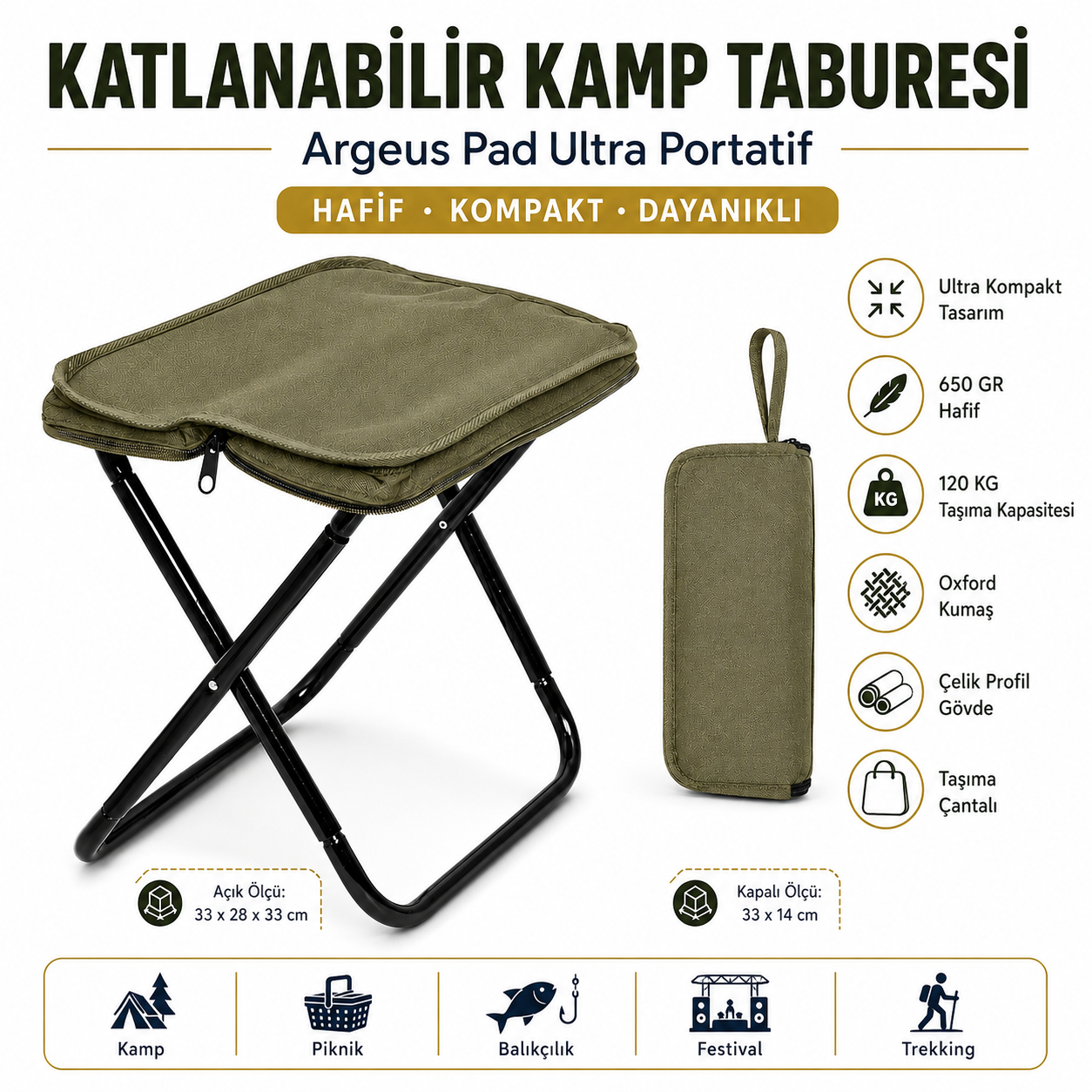 Argeus Pad Katlanabilir Kamp Taburesi Ultra Portatif
