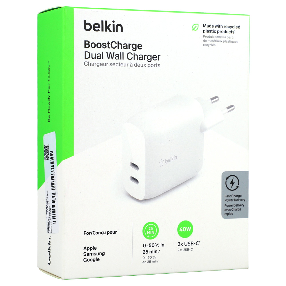 Belkin Boost Charge Çift Duvar Şarj Cihazı 40W, 2x USB-C PD 3.0 20W, Beyaz