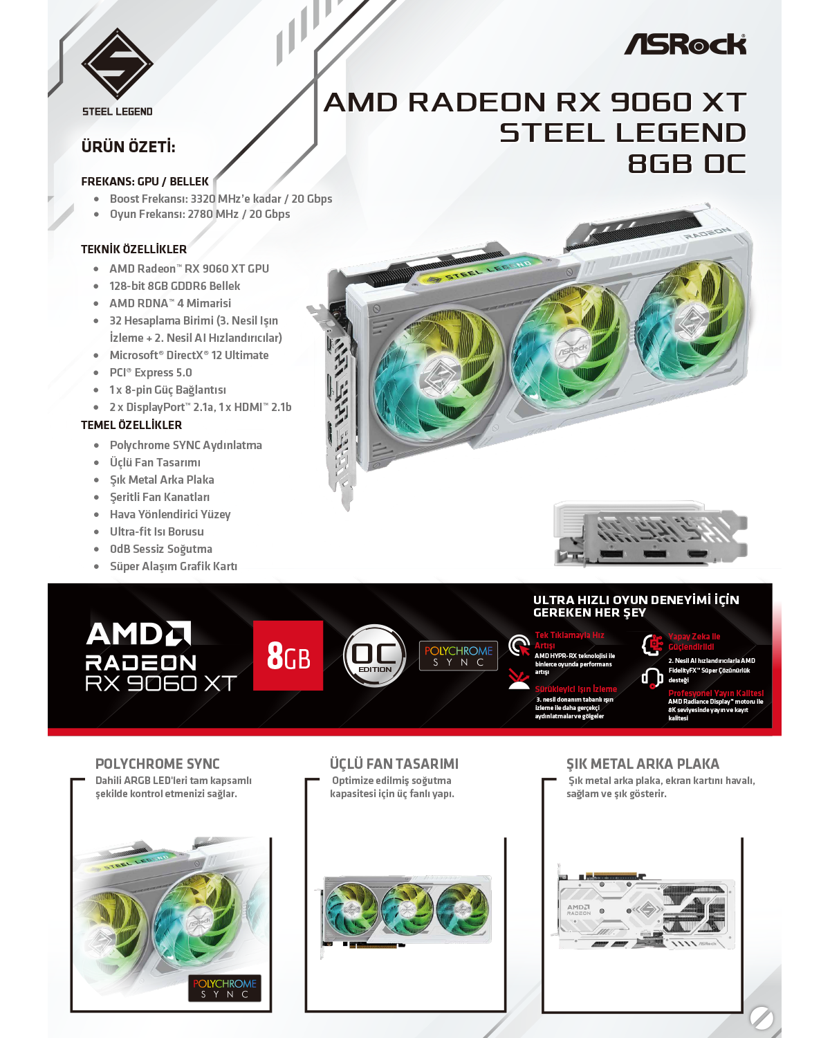 Asrock Amd Radeon RX9060 Xt Steel Legend 8gb Oc Gddr6 128BIT Fiyatı