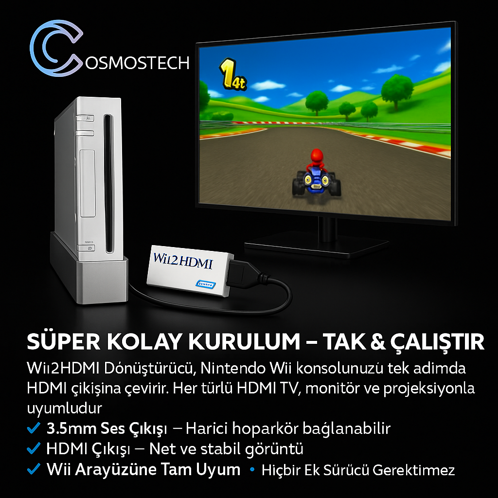 Cosmostech Wii To HDMI Dönüştürücü Adaptör 1080P – 3.5mm Ses Fiyatı