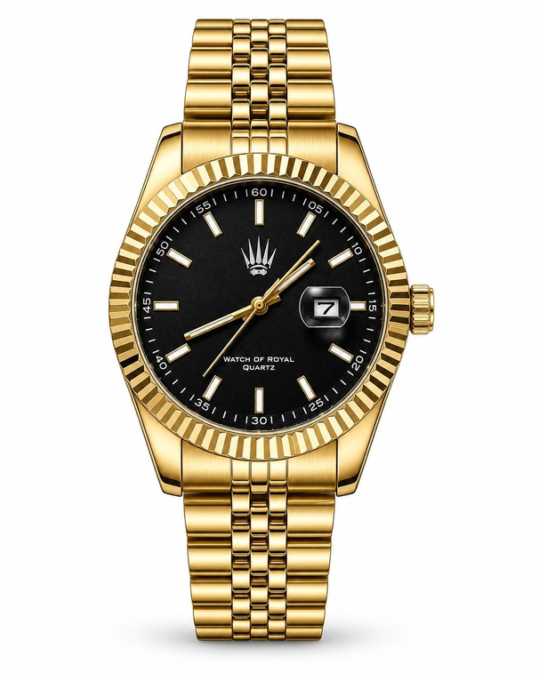 Crest Line Gold Black saatin önden kasa ve çelik kordon görünümü