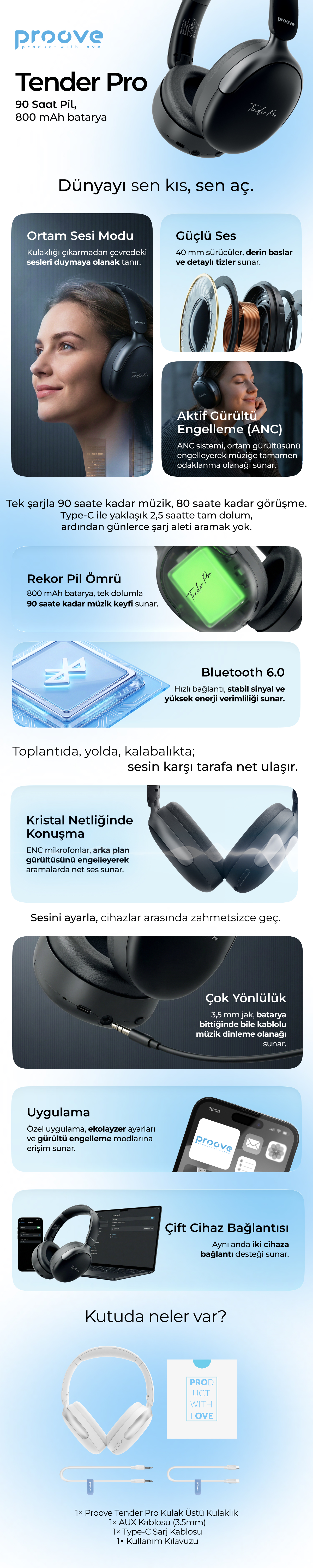 Proove Tender Pro Uygulama Destekli BT 6.0 Kulaklık ANC & ENC 40mm Sürücü Hi-Fi Ses Çift Cihaz Desteği & Şeffaf Mod