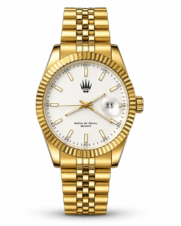 Crest Line Gold White saatin önden kasa ve çelik kordon görünümü