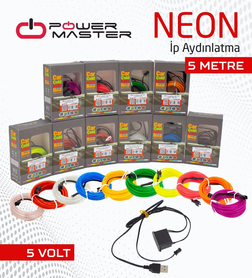Powermaster 5 Metre 5 Volt USB Adaptörlü Neon İp Aydınlatma 