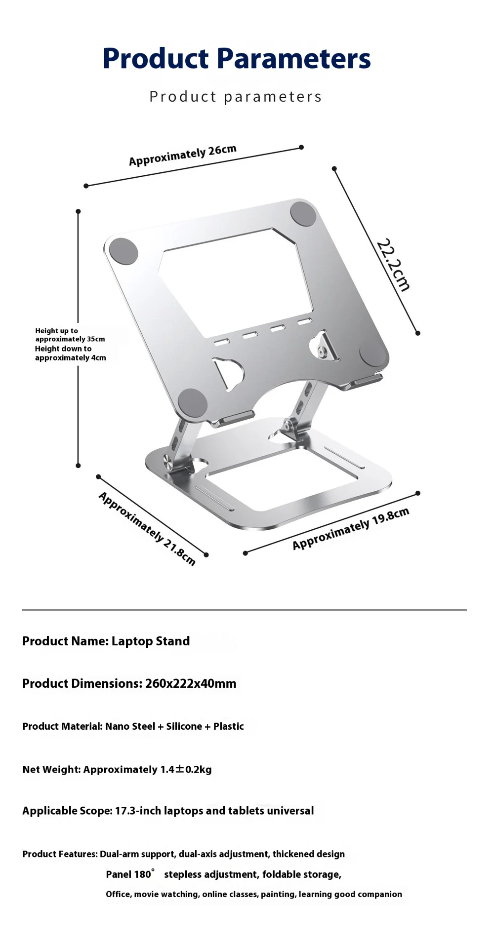 J22 17.3 Inch Laptop Stand Metal Base Heat Dissipation Adjustable Height Nano Steel Notebook Folding Holder Riser - Silver 13