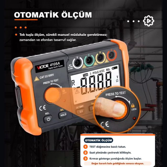 Victor 4105A kilitlenebilir TEST düğmesiyle sürekli ölçüm