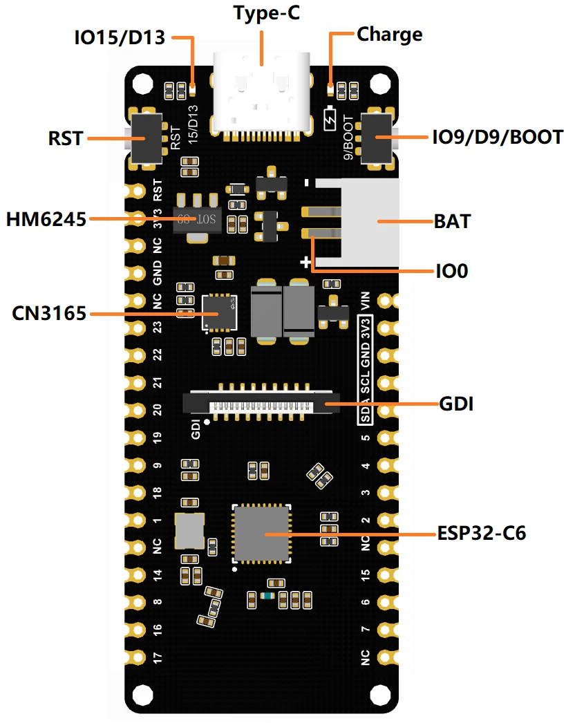 DFRobot FireBeetle 2 ESP32-C6 kart üzeri bileşenlerin açıklaması
