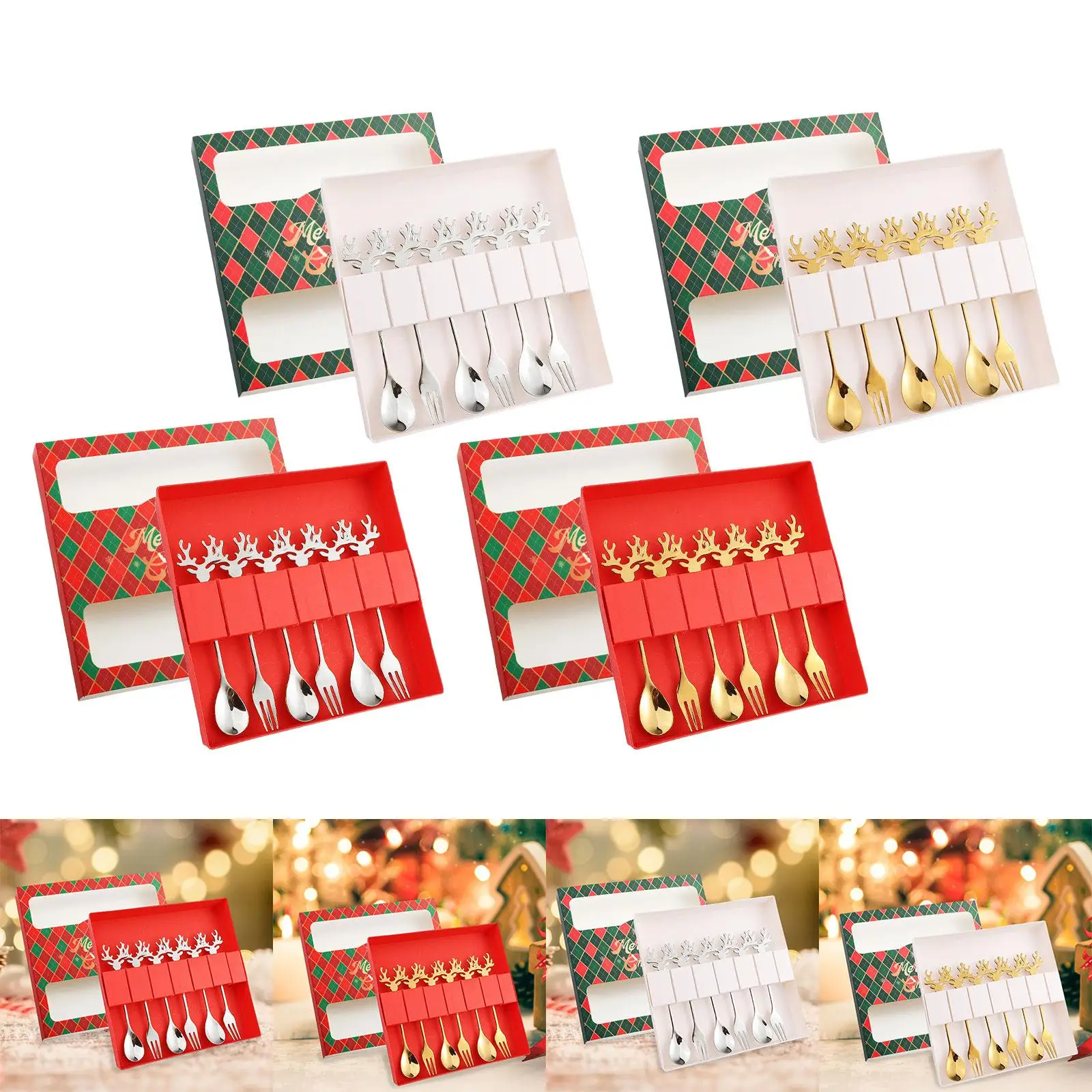 6 Parça Noel Kaşık Çatal Takımı, Çatal Bıçak Takımı Tatlı Çatal ve Kaşık Çatal Bıçak Takımı, Paslanmaz Çelik Çay Partisi, Ev, Kek, Hediye