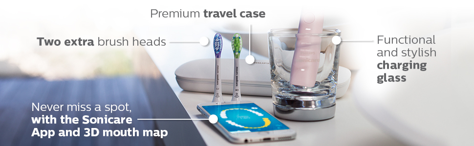 iki ekstra fırça başlığı premium seyahat çantası şarj camı sonicare uygulaması