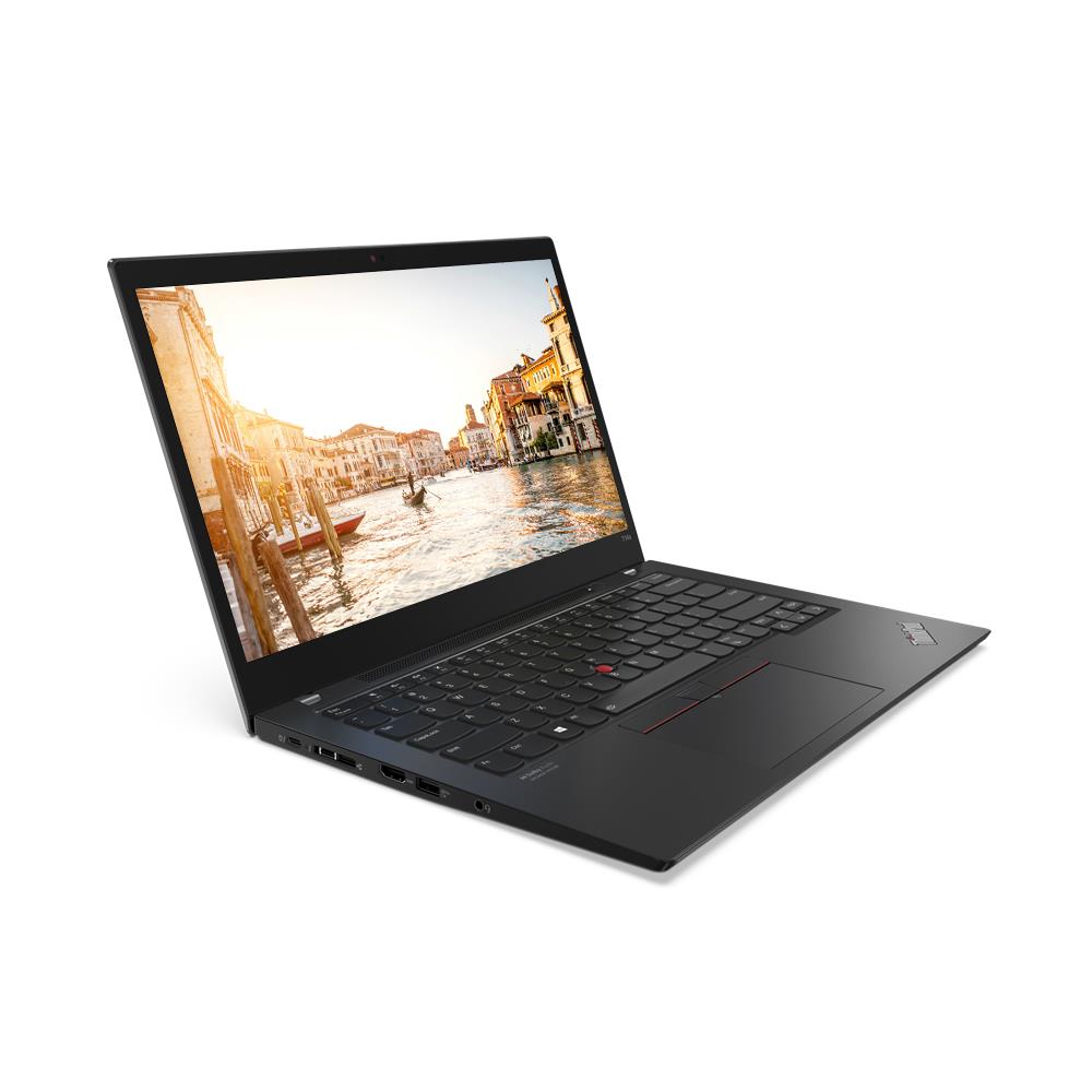 Right-side profile of Lenovo ThinkPad T14s Gen 2 laptop open about 10 degrees.