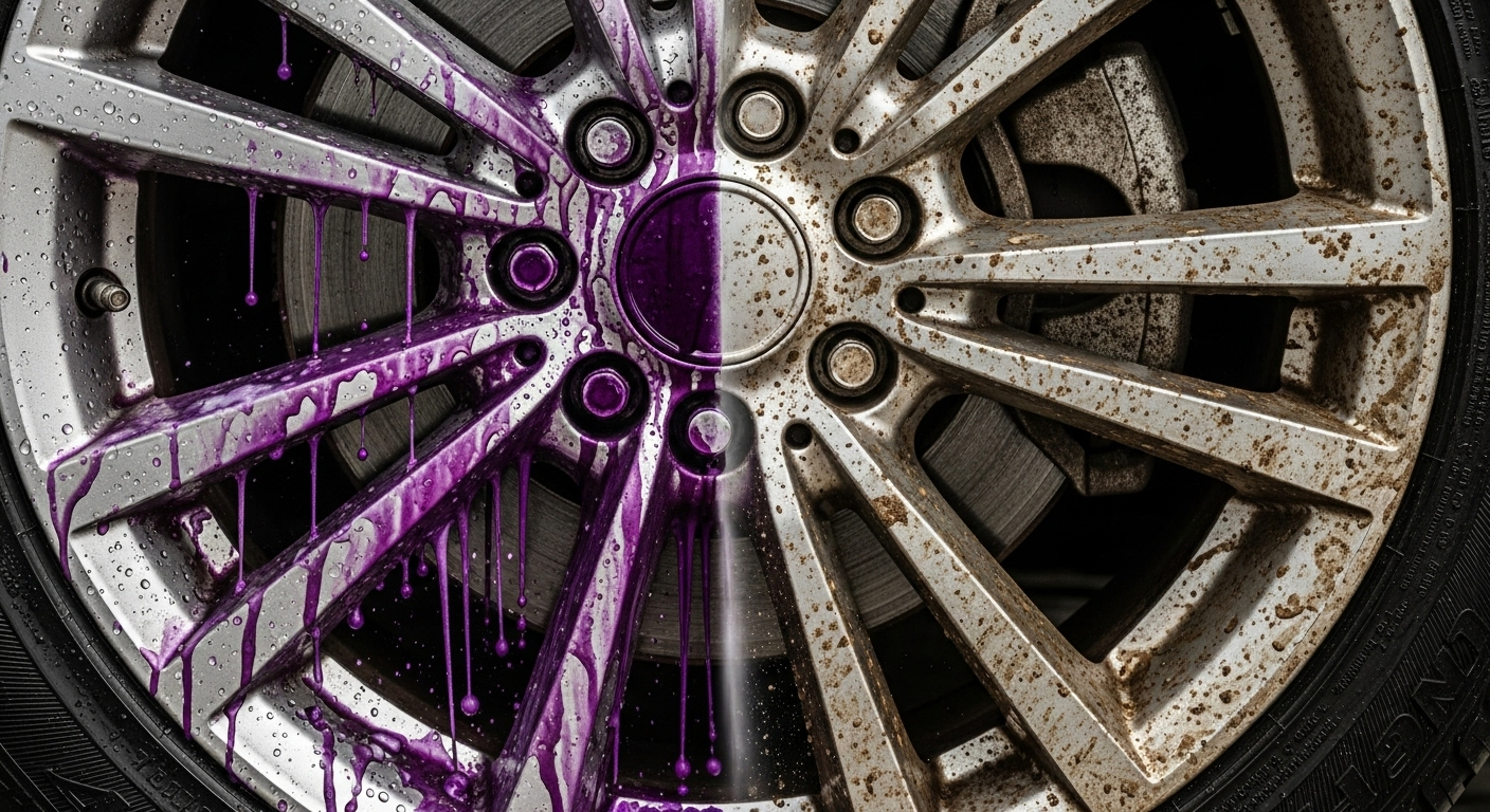 Demir tozu sökücünün janttaki fren tozunu mor renkte çözdüğü an