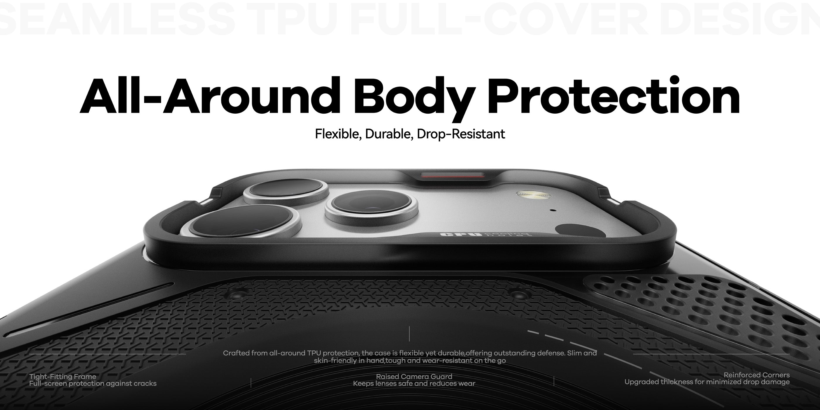 Close-up of AULUMU A17 rugged outdoor case around camera with All-Around Body Protection headline