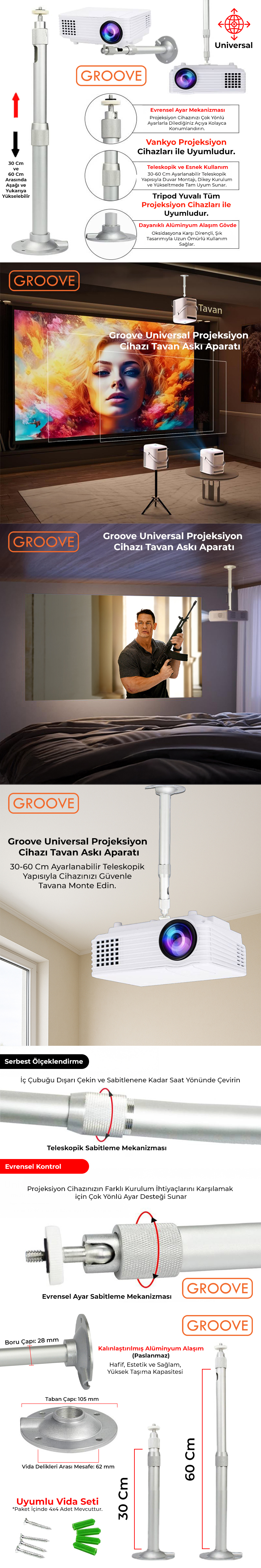 Vankyo Groove 30-60CM Alüminyum Projeksiyon Cihazı Tavan Askı Aparatı Duvar Bağlantı Aparatı Universal Projector Beyaz (360° Dönebilen Tripod Yuvalı)