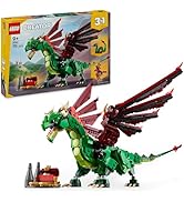 Metin "LEGO NINJAGO" yazıyor. Ejderha yapı seti, büyük yeşil ve kırmızı ejderha, mafsallı kanatlar, kuyruk ve birçok ninja mini figürü.