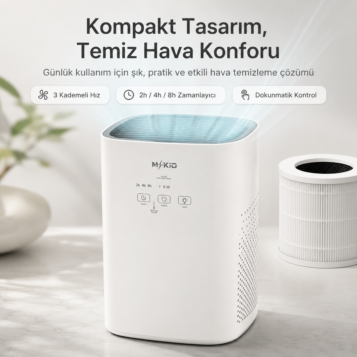 MKİO kompakt hava temizleme cihazı ve silindirik filtre premium ürün tanıtım görseli